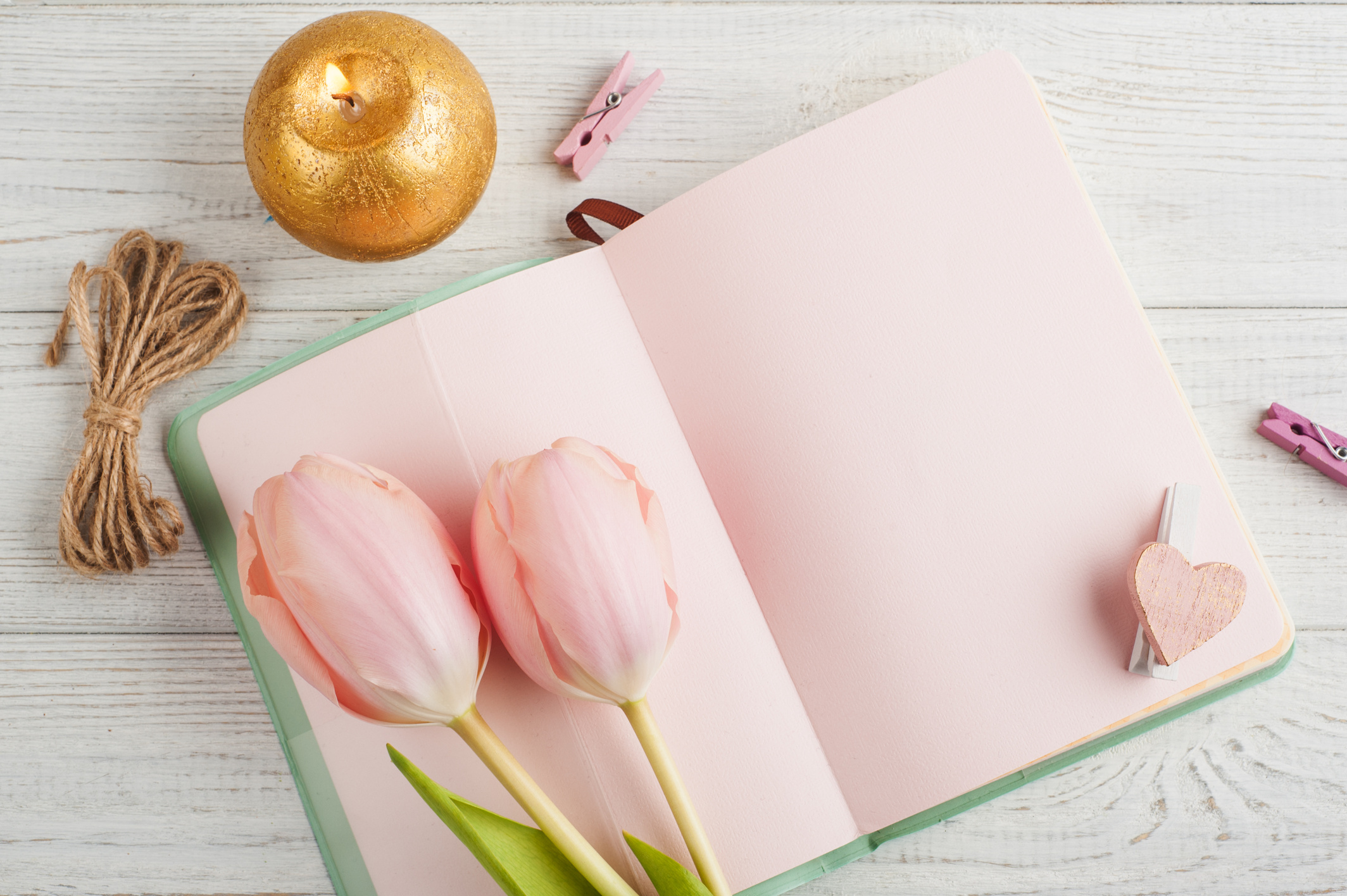 Pink Notebook with Tulips and Candle
